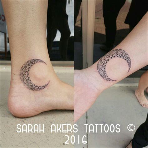 The black tattoo looks great in detail in the rays of the sun. Friendship moons, with patterns on ankle and wrist ...