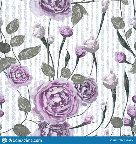 White blue purple aquarel floral pattern print deze poly canvas stof is perfect voor kussen/kussenslopen, beddengoed, dekens, speelgoed en anderen. Purple Rose Flowers With Leaves On Striped Blue And White ...