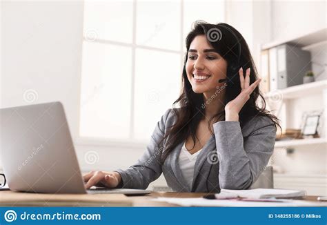 Work In Callcenter. Female Secretary With Headset Stock Photo - Image ...