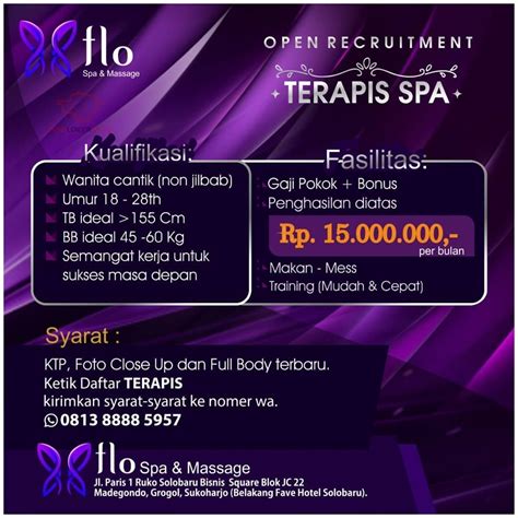 Update loker di jember bulan ini untuk anda yang membutuhkan info lowongan pekerjaan terkini untuk wilayah. Lowongan Kerja Terapis Flo Spa Solo Baru - INFO LOKER SOLO