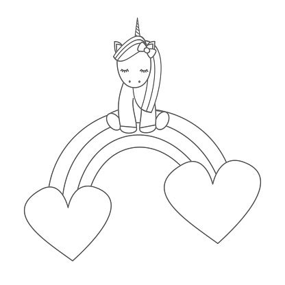 Ce dessin a ete mis a la disposition des internautes le 07 fevrier 2106. Licorne Dessin Animé Mignon Assis Sur Un Arc En Ciel Avec Coeurs Noir Et Blanc De Vector ...