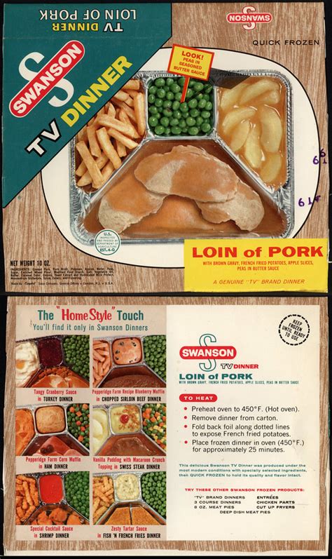 If you're on a diet, eating this meal for dinner will likely help you reach your goals. Swanson - Loin of Pork - TV Dinner box - Early 1960's | Flickr