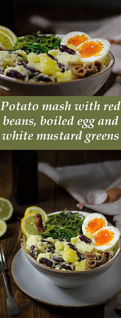 Add potato cubes and cayenne pepper; Potato mash with red beans, egg and mustard greens ...