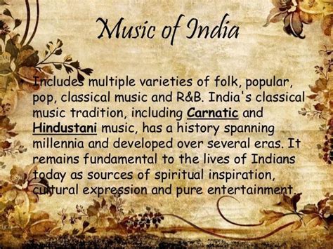 It is vital to think about how the different instruments blend together in your band. Traditional Music of India • Hindustani means classical ...