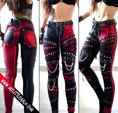 Elastic shirred neckline that can be worn on or off the shoulder. Gothic pants made with a mix of red and black metallic ...