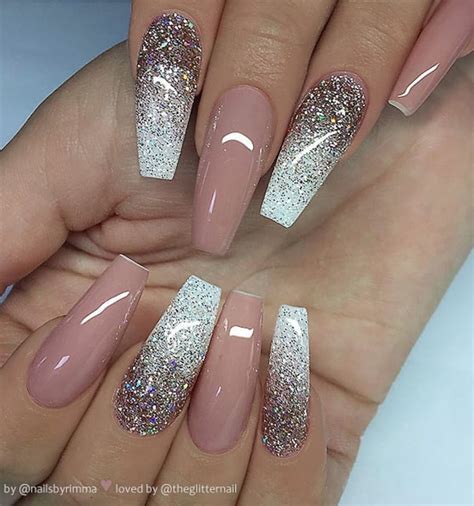 French tip coffin nails with glitter. 50 Pretty French Pink Ombre And Glitter On Long Acrylic ...