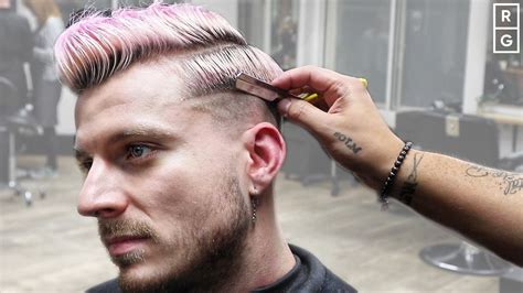 Pink Dyed Skin Fade Side Part Haircut With Razored ...