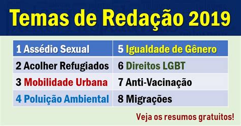 Confira os temas já cobrados na desde o enem 2012 o inep vem implementando algumas mudanças na redação, particularmente no sistema de correção. Possíveis temas para a Redação do Enem 2019 - Confira ...