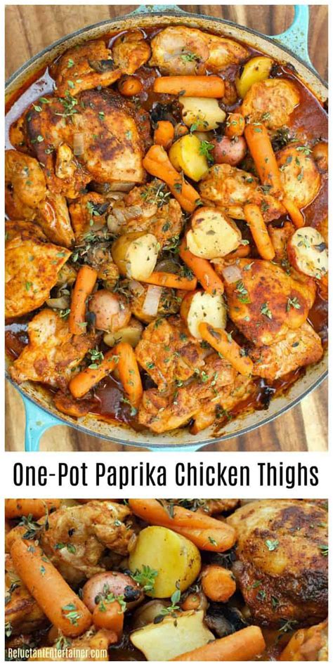 This paprika chicken and rice is not only packed with flavor, but is a one pot recipe. One-Pot Paprika Chicken Thighs - Reluctant Entertainer