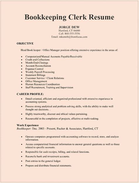 3 accountant work experience section examples. Bookkeeping Clerk Resume Sample For Microsoft Word (.doc)