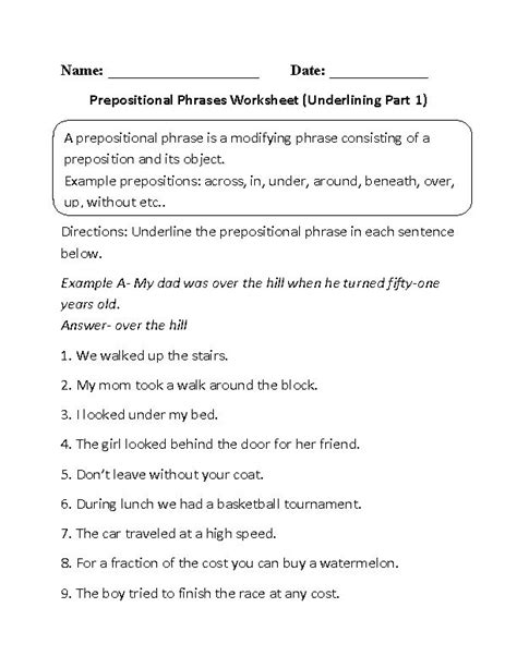 Prepositional phrase is a kind of prepositions. Prepositions Worksheets | Prepositional phrases ...