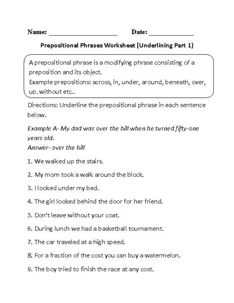 More accurately, a prepositional phrase is a combination of a preposition, or various prepositions, and a noun or pronoun that in the majority of cases, modify the. Underlining Prepositional Phrase Worksheets Part 1 ...