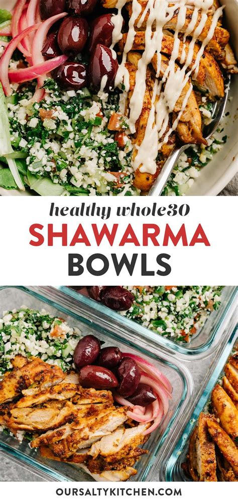 Add 1 oz olives, 1 tbsp picked red onions, and pack 2 tbsp dressing on the side. Chicken Shawarma Meal Prep Bowls (Whole30, Grain Free ...