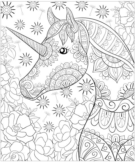 That sharp horn on their head could be scary. Cute unicorn and flowes - Unicorns Adult Coloring Pages