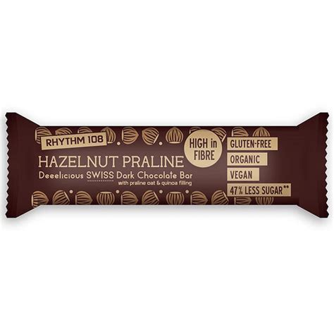 Soy lecithin), hazelnut praliné 50% (hazelnut, sugar). Rhythm 108 Hazelnut Praline Chocolate Bar - 33g - Case of 15