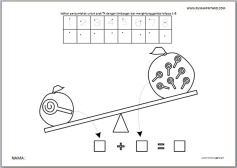 Lembar kerja matematika ini cocok untuk anak usia tk b yang … latihan penjumlahan untuk anak TK dengan timbangan dan menghitung gambar lolipop 1-8 | Rumah Pintar