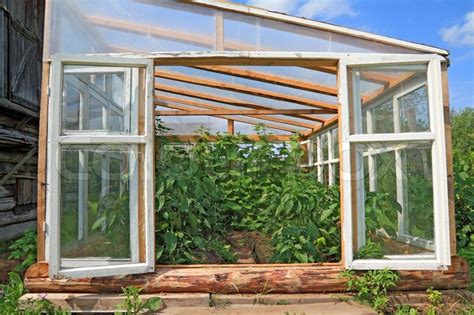 Gewächshäuser gibt es in beinahe allen größen, formen und preisklassen. Holz Gewächshaus im Sommer Garten | Stockfoto | Colourbox