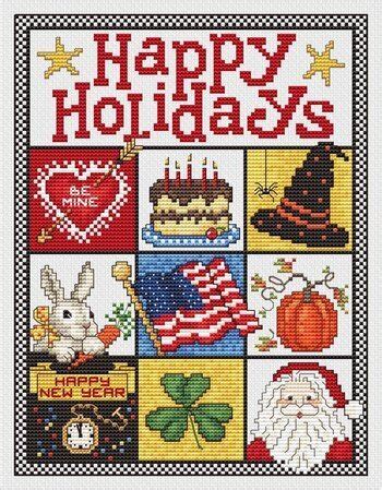 Birthday, mothers day, valentines, wedding, sul y mamau, penblywdd hapus, new born baby cards. Sue Hillis Happy Holidays - Cross Stitch Pattern - 123Stitch