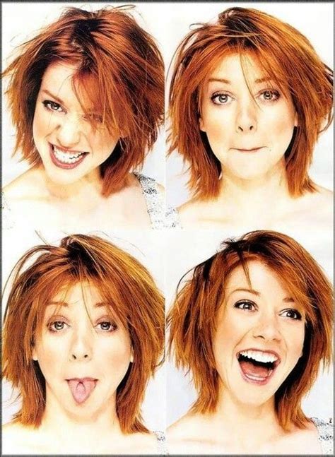 If you have high cheekbones and don't want blunt hair cut, follow the guide for heart face shape and opt for a feathering finish after your choice of hair cut to create a soft, wispy look with no blunt or sharp lines. Redhead... | Alyson hannigan, Short hair styles, Hair