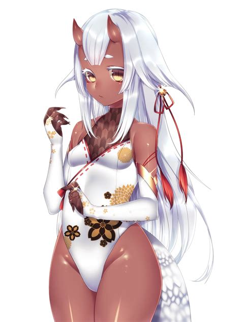 Anime picture original ehrrr long hair single tall image looking at viewer fringe open mouth simple background smile red eyes white background bare shoulders animal ears white hair tail pleated skirt hair flower animal tail :d 1378x1733 470679 en. Wallpaper : illustration, white hair, anime, horns ...