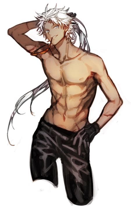 I noticed for a while now that dark skinned anime characters are, majority of the time, portrayed with white/silver blonde hair. White hair, gray eyes, shirtless, muscles | He kinda looks ...