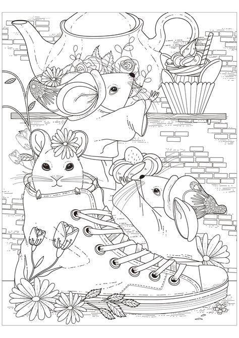 Mouse coloring page with few details for kids. The tea party of the three mice - Mouses Adult Coloring Pages