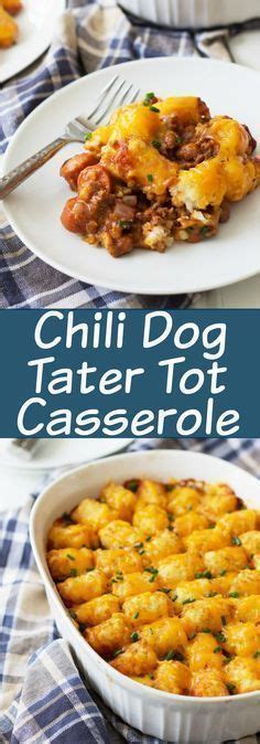 · tater tot chili dog casserole is a cheesy, savory, and fun new twist on tater tot casserole and chili dogs! Chili Dog Tater Tot Casserole is a twist on a family ...