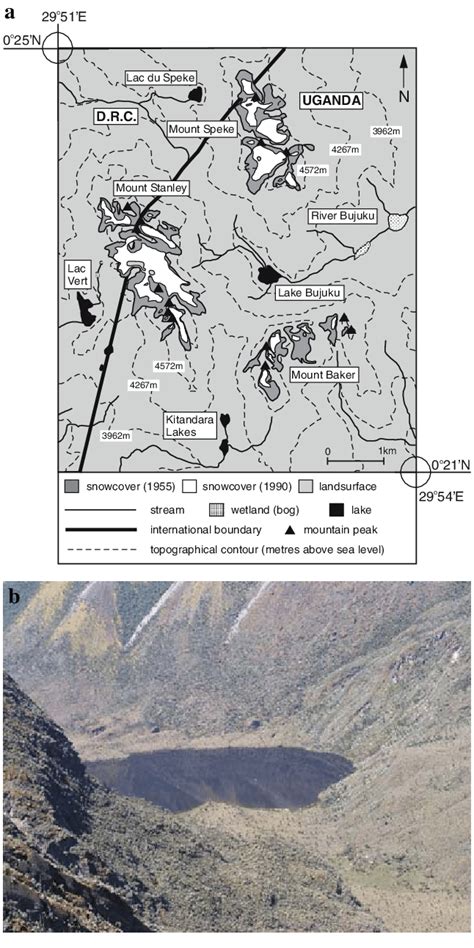 Ruwenzori range, mountain range bordering uganda and congo (kinshasa); (a) Digitised map of the Rwenzori Region, Western Uganda ...