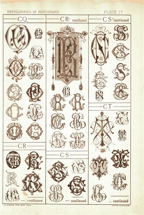 This badge can be used as a trademark or a print on fabric. page scan from antique monogram book, showing CQ through ...