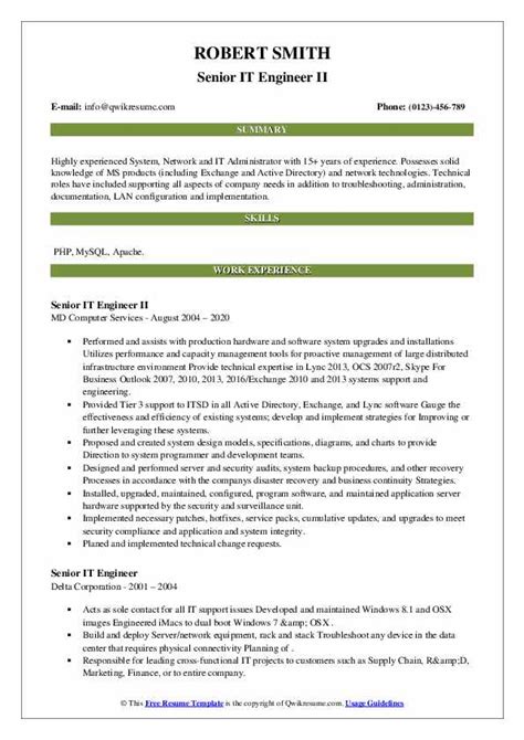 Use the following tips and cover letter sample for fresher mechanical engineer to get started. Senior IT Engineer Resume Samples | QwikResume