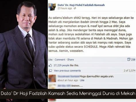 Beliau yang turut dikenali dengan inisial dmfk ini semestinya telah banyak memberi sumbangan dalam pembangunan motivasi dan keluarga di malaysia. Dato` Dr Haji Fadzilah Kamsah Sedia Meninggal Dunia di ...
