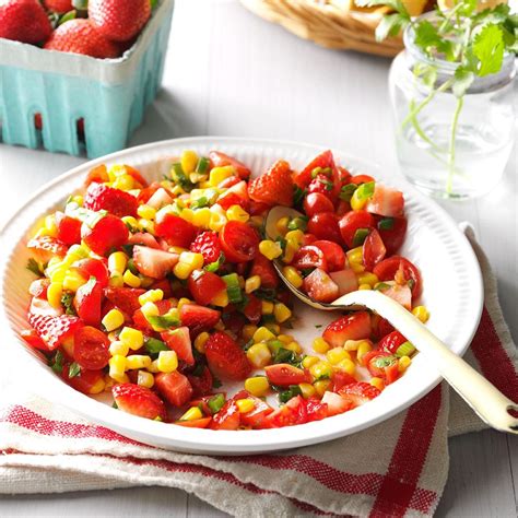Potluck dinners can sometimes end up being a lot of the same thing. Strawberry Corn Salsa | Recipe | Fruit recipes healthy, Appetizer recipes, Potluck recipes