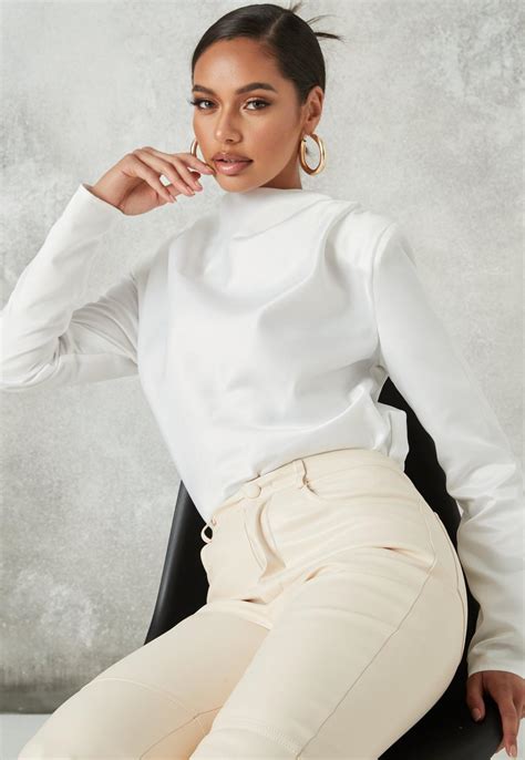 Bad nightmares but mommys satin helps. White Satin Drape Shoulder Pad Blouse | Missguided Ireland