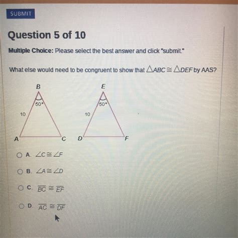 Triangle is formed by making three line segments, which form three angles. What else would need to be congruent to show that abc ...