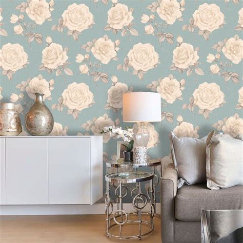 For similar designs visit ilovewallpaper.co.uk #ilovewallpaper #floral #wallpaper #interiordesign. Belgravia Decor Rosa Luxury Floral Roses Teal/Cream ...