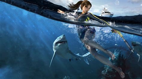 Lara Croft Wallpaper, Girls / Illustrations: Lara Croft, Tomb Raider, shark, underwater, hunting ...