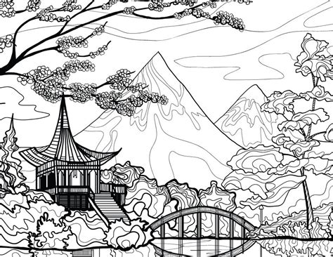 Les techniques pour dessiner un paysage au crayon. Paysage du Japon dessin à imprimer pour adulte - Artherapie.ca