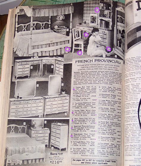 A queen bed frame, canopy posts and a frame, a mirror frame. 1-Sears-catalog-french-provincial-furniture-vintage.jpg ...