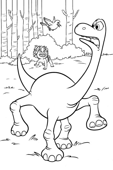 Enjoy some fun coloring book! The Good Dinosaur - Arlo is scared by a little bird while ...