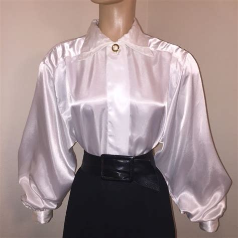 Blue satin blouse is a symbol of elegant and luxury style. M/L * WHITE Shiny LIQUID SATIN Vtg BLOUSE * Bust 45" * Secretary Top Shirt | eBay | Satin ...