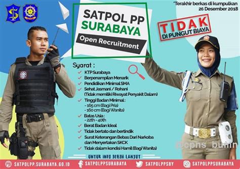 Tenaga petugas penindakan lapangan (dibutuhkan 50 orang) persyaratan Rekrutmen SATPOL PP Kota Surabaya Tingkat SMA - REKRUTMEN ...