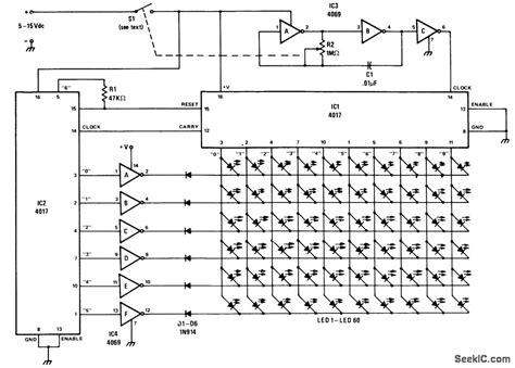 The circuit diagrams, or schematics, that follow are drawn using industry standard electronic symbols for each component. 60_LED_HYPNOTIC_SPIRAL - Basic_Circuit - Circuit Diagram - SeekIC.com