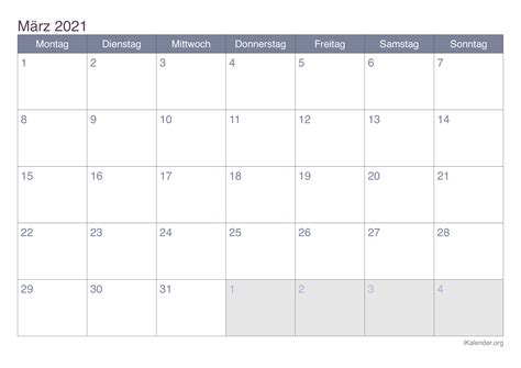 Laden sie die kalender mit feiertagen 2021 zum ausdrucken. Kalender März 2021 zum Ausdrucken - iKalender.org