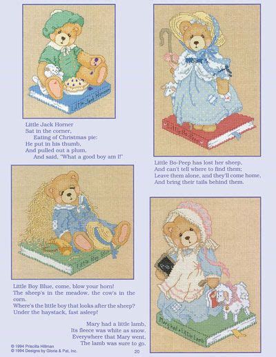 14 count aida fabric, 6 strand cotton floss, instructions, graph, needle and frame. Cherished Teddies bk 90 Nursery Rhymes Cross Stitch ...