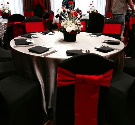 Wholesale chair covers, tablecloths, spandex desk covers, and desk linens for weddings and occasions. Black spandex chair cover with red satin sash, tied in a ...