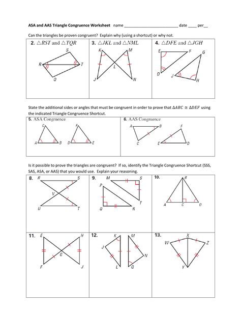 Triangle congruence worksheet #1 for each pair of triangles, tell which postulates, if any, make the triangles congruent. ASA and AAS Triange Congruence