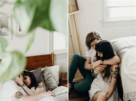 A cute couple gets cuddly in their bedroom during an in-home portrait session. By San Diego ...