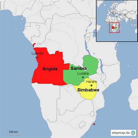 Nav vasaras laika, vienāda utc laika nobīde visu gadu. StepMap - Angola, Sambia und Simbabwe - Landkarte für Afrika