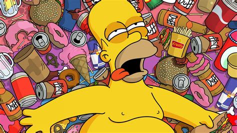 A série é uma paródia satírica do estilo de vida da classe média dos estados unidos, simbolizada pela família protagonista. Papel de parede : ilustração, Comida, desenho animado, Os Simpsons, Duff, histórias em ...