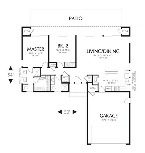 Lake house plans also often boast natural materials, like stone or cedar on the exterior, to complement the wild environment that's likely to surround them. small contemporary 2-bedroom ranch house plan - Plan 1632